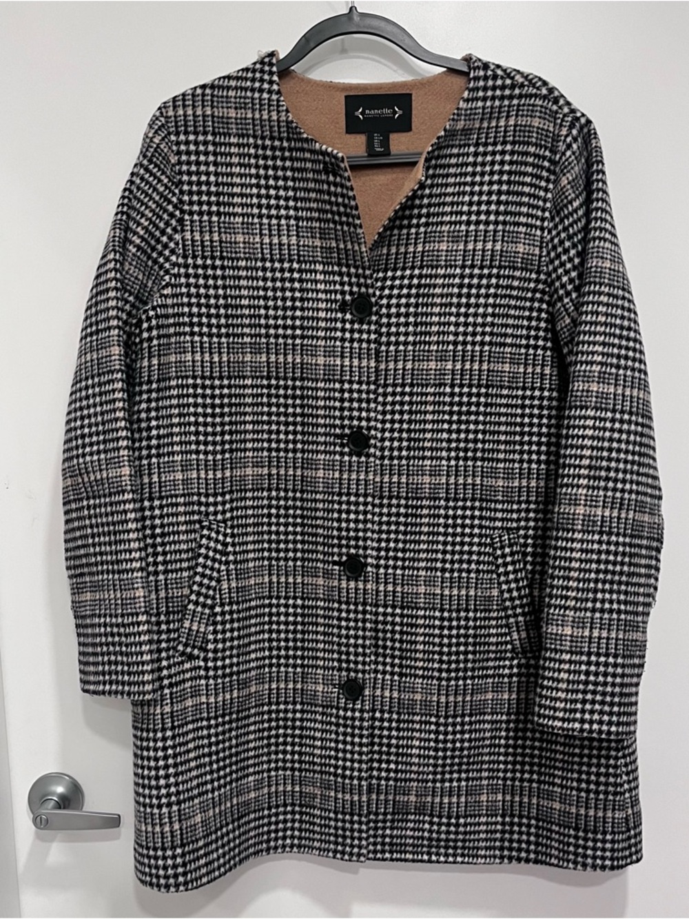 Nanette Lepore Black & White Houndstooth Plaid Wool Blend
Collarless Coat Large